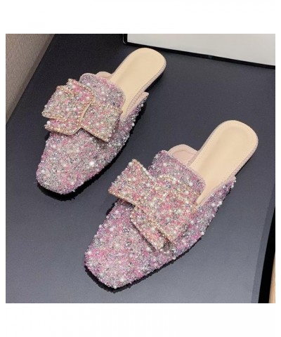 Women Mules Bow-knot Closed Square toe Mules Fashion Rhinestones Flat Slippers Slip On Loafers Casual Flat Shoes 050-pink $17...