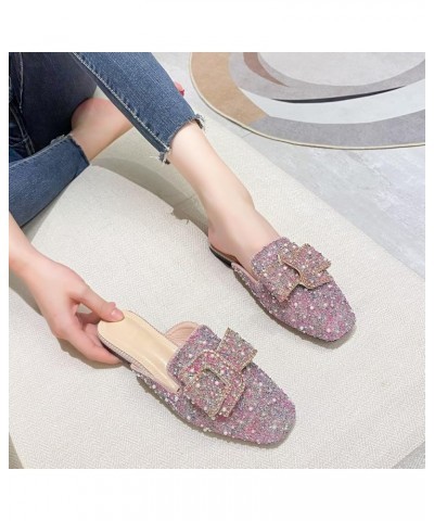 Women Mules Bow-knot Closed Square toe Mules Fashion Rhinestones Flat Slippers Slip On Loafers Casual Flat Shoes 050-pink $17...