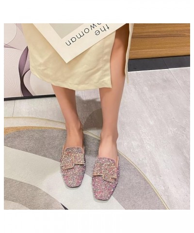 Women Mules Bow-knot Closed Square toe Mules Fashion Rhinestones Flat Slippers Slip On Loafers Casual Flat Shoes 050-pink $17...