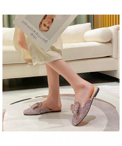 Women Mules Bow-knot Closed Square toe Mules Fashion Rhinestones Flat Slippers Slip On Loafers Casual Flat Shoes 050-pink $17...