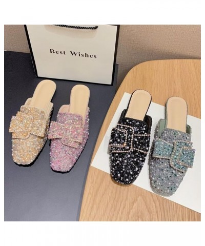 Women Mules Bow-knot Closed Square toe Mules Fashion Rhinestones Flat Slippers Slip On Loafers Casual Flat Shoes 050-pink $17...