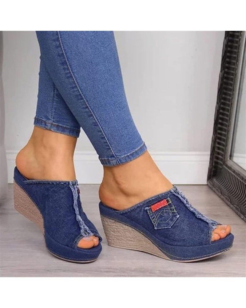 Women's Denim Wedges Slippers Open Toe Platform Breathable Fashion Shoes Lightweight Slingback Easy to Wear Take Off Non-Slip...