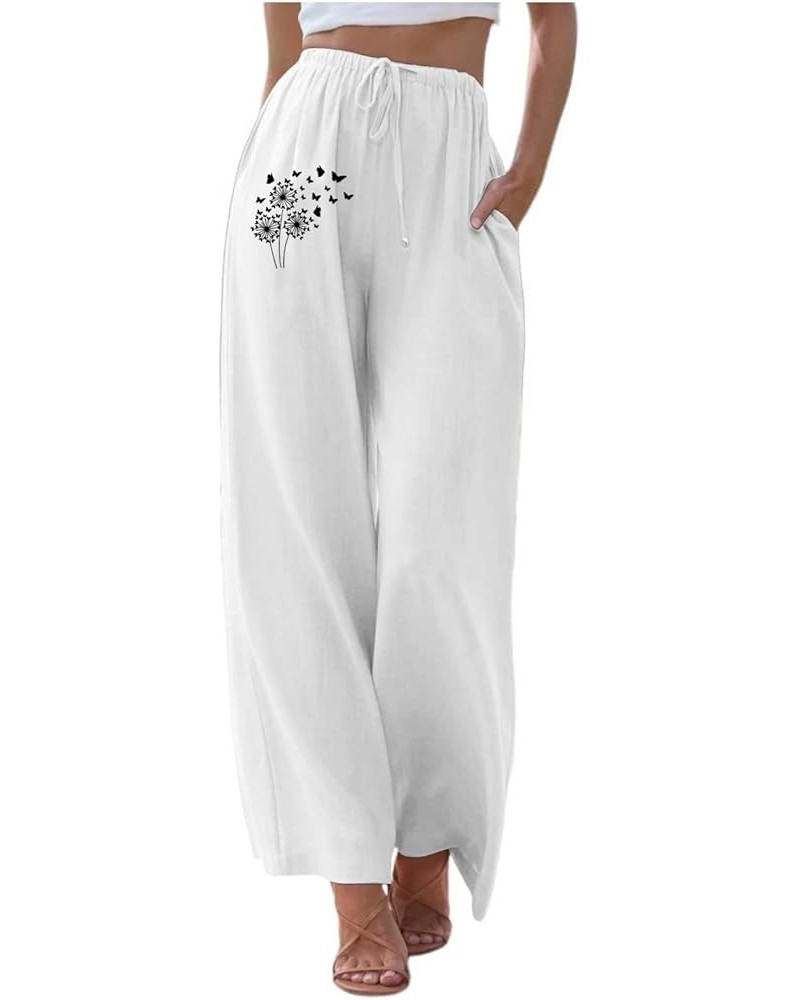 Women Dandelion Print High Waist Strap Elastic Strap Casual Pants Wide Leg Pants White - 2024 Pants for Women $9.07 Slippers