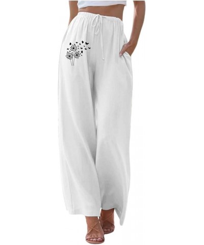 Women Dandelion Print High Waist Strap Elastic Strap Casual Pants Wide Leg Pants White - 2024 Pants for Women $9.07 Slippers