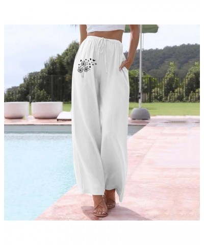 Women Dandelion Print High Waist Strap Elastic Strap Casual Pants Wide Leg Pants White - 2024 Pants for Women $9.07 Slippers