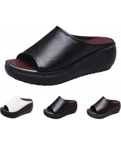 Orthopedic Sandals 2024 Summer Comfortable Orthotic Leather Wedges Slides Dressy Platform Heel Arch Support Slip Sandals Blac...