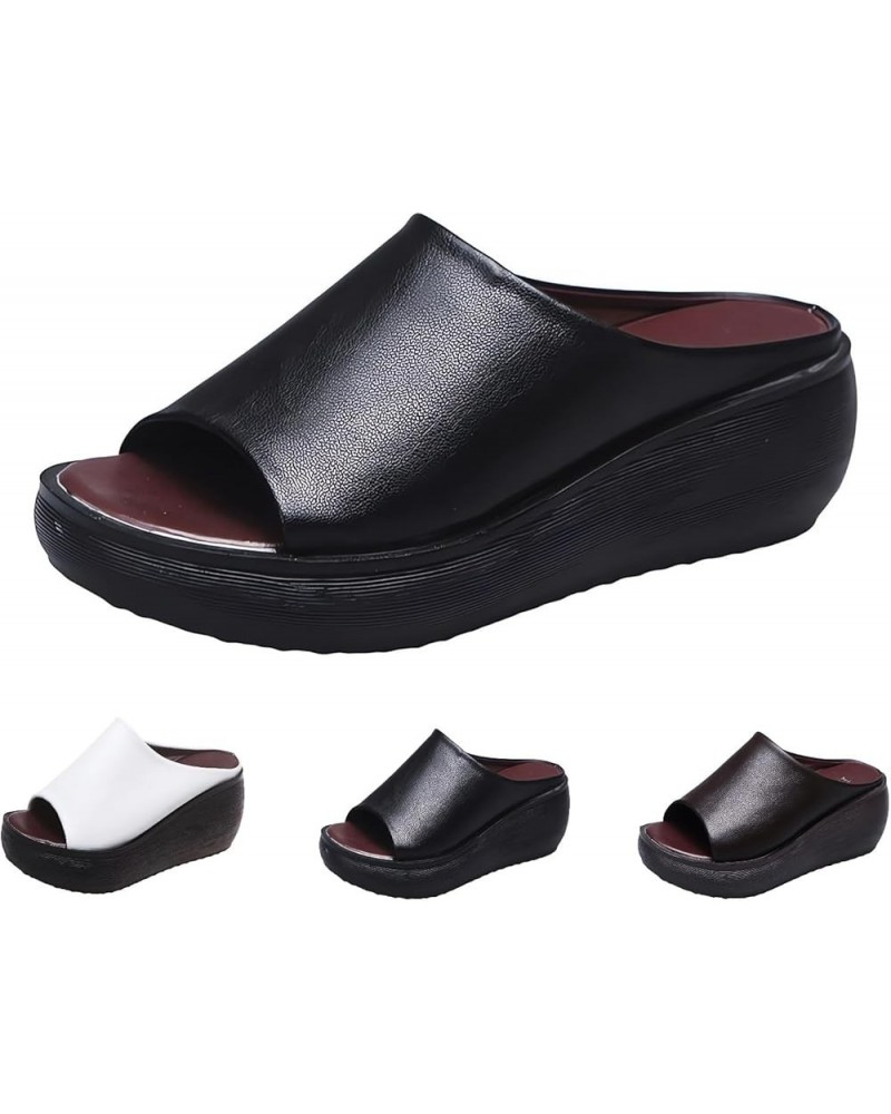 Orthopedic Sandals 2024 Summer Comfortable Orthotic Leather Wedges Slides Dressy Platform Heel Arch Support Slip Sandals Blac...