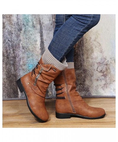 Women's Flat Mid Calf Boots Winter Comfortable Leather Motorcycle Boots Round Toe Side Zip Fashion Combat Riding Boots for Wo...