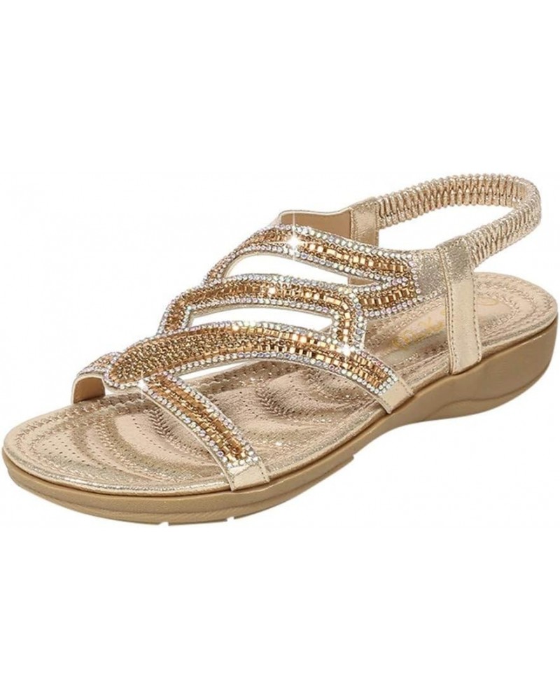 Sandals For Womens Studded Crystal Shoes Wedges Elastic Strap Roman Sandals Z 04-gold $17.51 Slippers