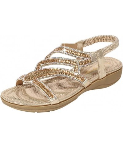 Sandals For Womens Studded Crystal Shoes Wedges Elastic Strap Roman Sandals Z 04-gold $17.51 Slippers