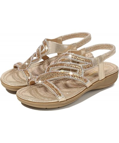 Sandals For Womens Studded Crystal Shoes Wedges Elastic Strap Roman Sandals Z 04-gold $17.51 Slippers