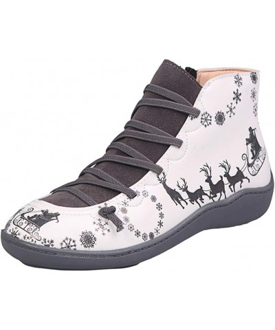 Womens Retro Ankle Flat Boot Soft Arch Support Ankle Christmas Lace Up Booties Grey $14.40 Boots