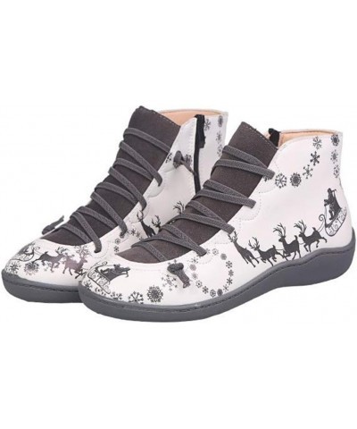 Womens Retro Ankle Flat Boot Soft Arch Support Ankle Christmas Lace Up Booties Grey $14.40 Boots