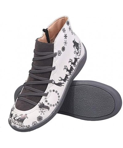 Womens Retro Ankle Flat Boot Soft Arch Support Ankle Christmas Lace Up Booties Grey $14.40 Boots