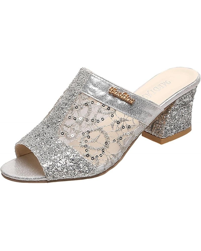 Sandalias para mujer Elegantes, Women's Fashion Rhinestone High Heel Fish Mouth Thick Heel Sandals And Slippers Z 04-silver $...