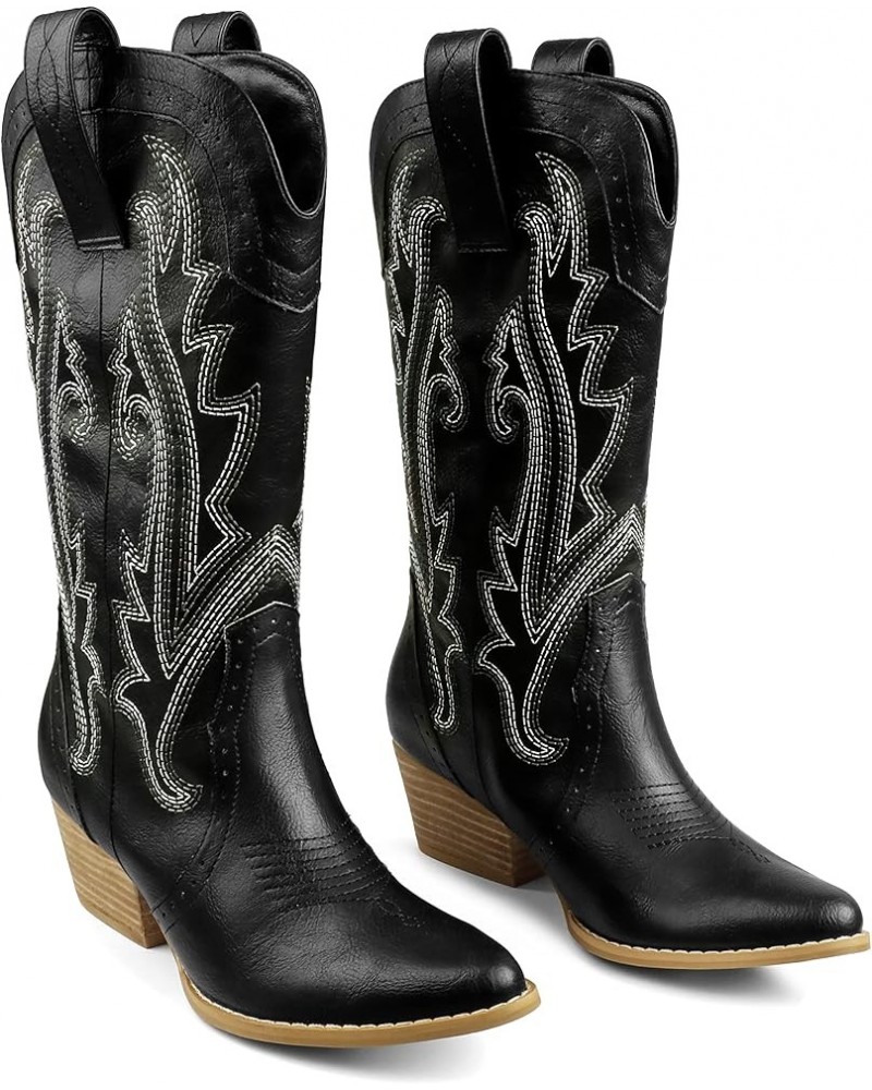 Women Mid-calf Cowboy Boots Pointy Toe Boots Embroidered Western Cowgirl Boots Chunky Heels Black $23.10 Boots