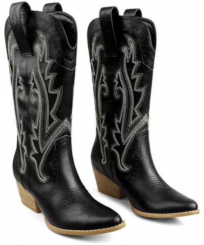 Women Mid-calf Cowboy Boots Pointy Toe Boots Embroidered Western Cowgirl Boots Chunky Heels Black $23.10 Boots