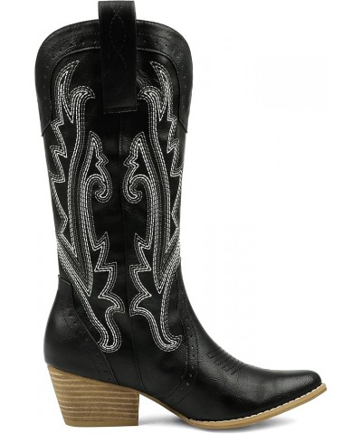 Women Mid-calf Cowboy Boots Pointy Toe Boots Embroidered Western Cowgirl Boots Chunky Heels Black $23.10 Boots