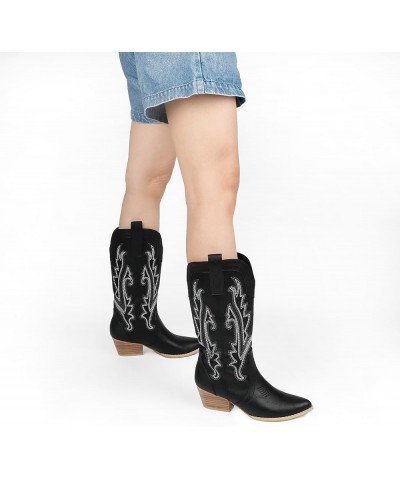 Women Mid-calf Cowboy Boots Pointy Toe Boots Embroidered Western Cowgirl Boots Chunky Heels Black $23.10 Boots