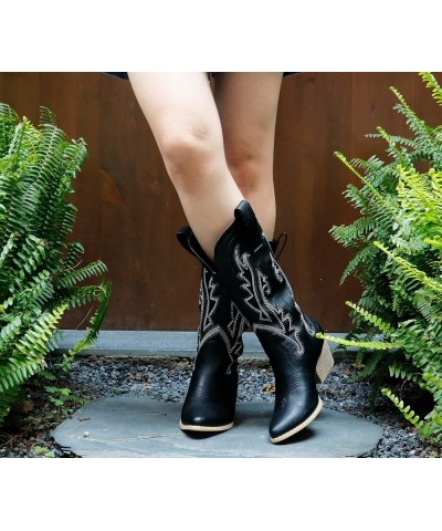 Women Mid-calf Cowboy Boots Pointy Toe Boots Embroidered Western Cowgirl Boots Chunky Heels Black $23.10 Boots