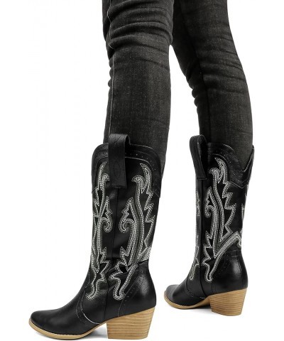 Women Mid-calf Cowboy Boots Pointy Toe Boots Embroidered Western Cowgirl Boots Chunky Heels Black $23.10 Boots