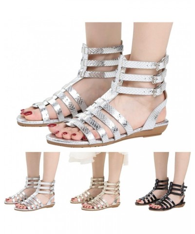 Fashion Spring and Summer Women Sandals Flat Bottom Low Heel Open Toe Animal Pattern High Rhinestone Sandals for Women (Silve...