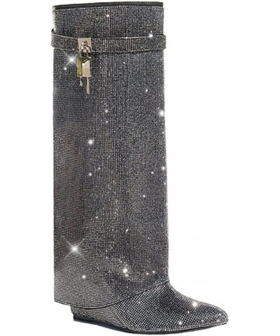 Women Rhinestone boots Fold over boots Knee high Wedge Heel Pointed Toe Pull-On Tall Boots MUTTO-1 C Black-1c Rhinestone $46....