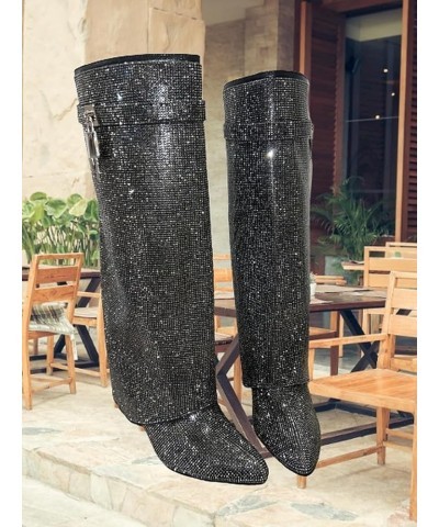 Women Rhinestone boots Fold over boots Knee high Wedge Heel Pointed Toe Pull-On Tall Boots MUTTO-1 C Black-1c Rhinestone $46....