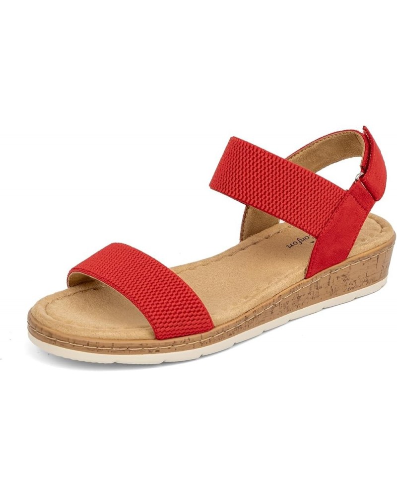 Women's Flat Sandals Open Toe Elastic Ankle Strap Slip on Comfy Low Wedge Sandals Red $18.00 Sandals