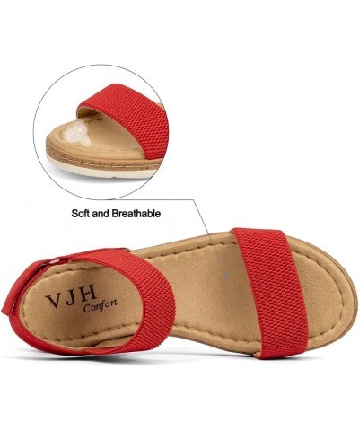 Women's Flat Sandals Open Toe Elastic Ankle Strap Slip on Comfy Low Wedge Sandals Red $18.00 Sandals