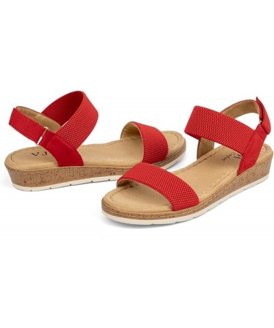 Women's Flat Sandals Open Toe Elastic Ankle Strap Slip on Comfy Low Wedge Sandals Red $18.00 Sandals