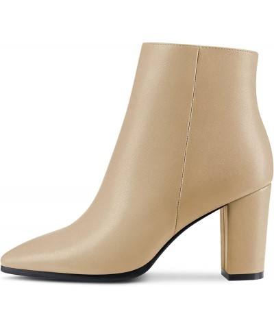 Women Chunky Block High Heel Pointed Toe Zipper Ankle Boots Short Bootie Wedding Office 3.3 Inches Heels Beige $37.31 Boots