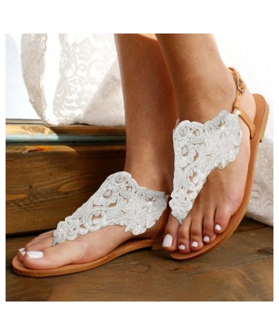 Womens Sandals, Women's Flower Sandals, Summer Flat Clip-Toe Sandals Strappy Retro Bohemian Sandals Wedding Travel Shoes G-wh...