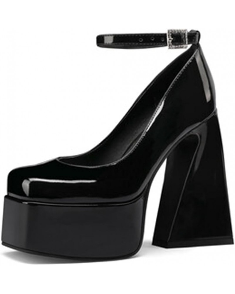 Women Platform High Chunky Heel Pumps T-Strap Square Toe Mary Jane Shoes Buckle 1black $25.69 Pumps