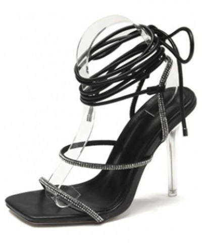 Black Leather Strappy Heels Sandals for Women, Black Sparkly Rhinestone Heels, Sexy Ankle Wrap around 3.9"Stiletto Prom Heels...