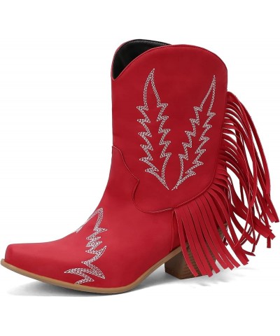 Mid Calf Cowboy Womens Embroidered Fringe Boots Red $34.08 Boots