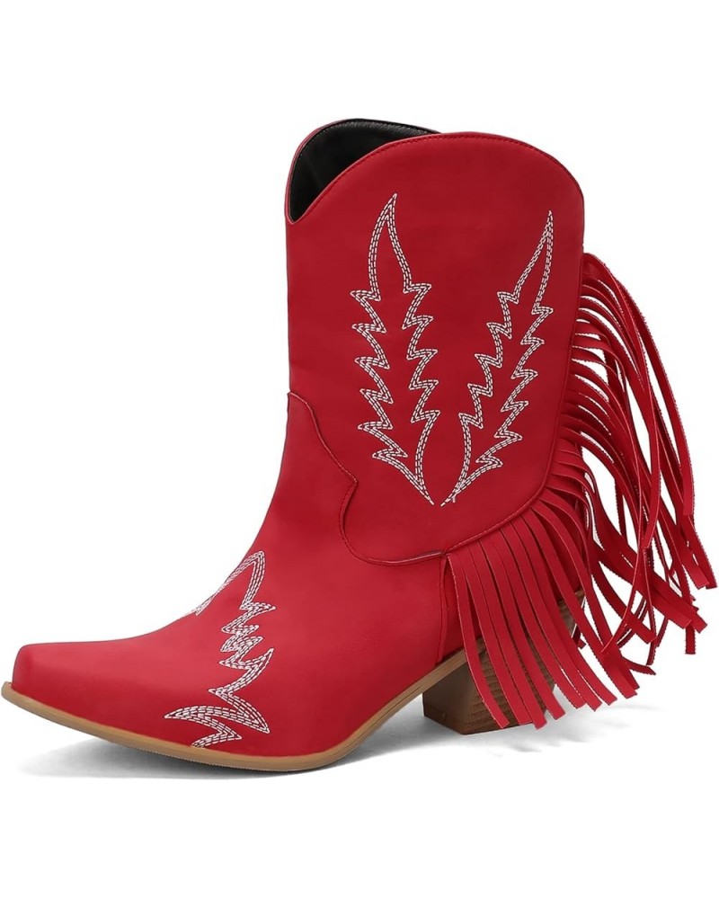 Mid Calf Cowboy Womens Embroidered Fringe Boots Red $34.08 Boots