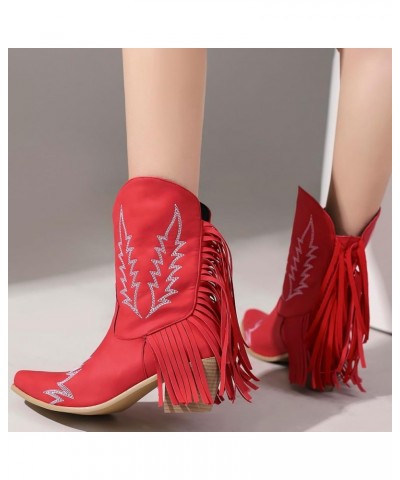 Mid Calf Cowboy Womens Embroidered Fringe Boots Red $34.08 Boots