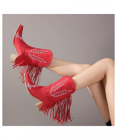 Mid Calf Cowboy Womens Embroidered Fringe Boots Red $34.08 Boots