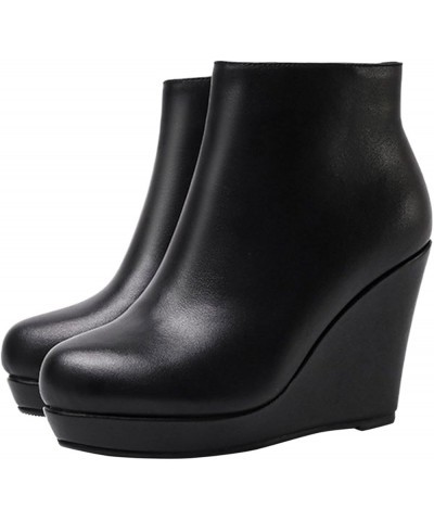 Wedge Heels for Women Dressy Winter Fall Platform Wedge Ankle Boots Round Toe Concise Black Leather Boots for Ladies Black $2...