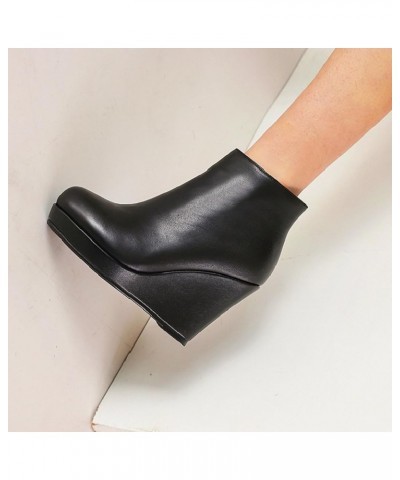 Wedge Heels for Women Dressy Winter Fall Platform Wedge Ankle Boots Round Toe Concise Black Leather Boots for Ladies Black $2...