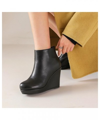 Wedge Heels for Women Dressy Winter Fall Platform Wedge Ankle Boots Round Toe Concise Black Leather Boots for Ladies Black $2...