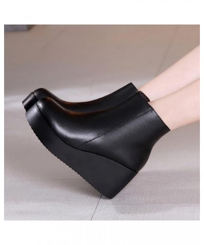 Wedge Heels for Women Dressy Winter Fall Platform Wedge Ankle Boots Round Toe Concise Black Leather Boots for Ladies Black $2...