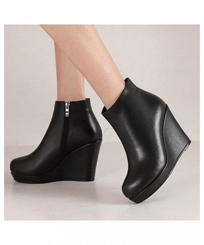 Wedge Heels for Women Dressy Winter Fall Platform Wedge Ankle Boots Round Toe Concise Black Leather Boots for Ladies Black $2...