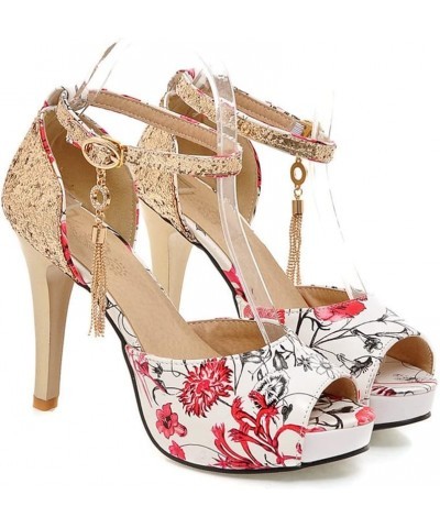 Women's Ladies Print Flower Sequins Stiletto Pumps Platform High Heel Ankle Strap Peep Toe Wedding Pump Dress Party Sandals S...