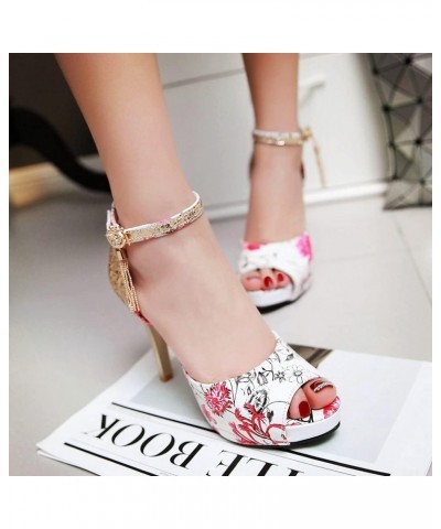 Women's Ladies Print Flower Sequins Stiletto Pumps Platform High Heel Ankle Strap Peep Toe Wedding Pump Dress Party Sandals S...