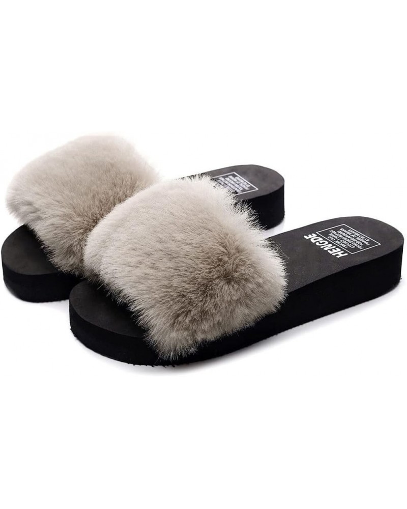 Slides with Fur Women Solid Color Casual Sandals Platform Beach Slippers Shoes Fur Sliders (Color : Black, Shoe Size : 5) 5.5...