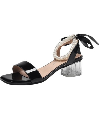 Women Pearl Strap Bridal Sandals Chunky High Heel Strap Sandals Stiletto Sandals High Heel Womens Sparkly Sandals Black $16.6...