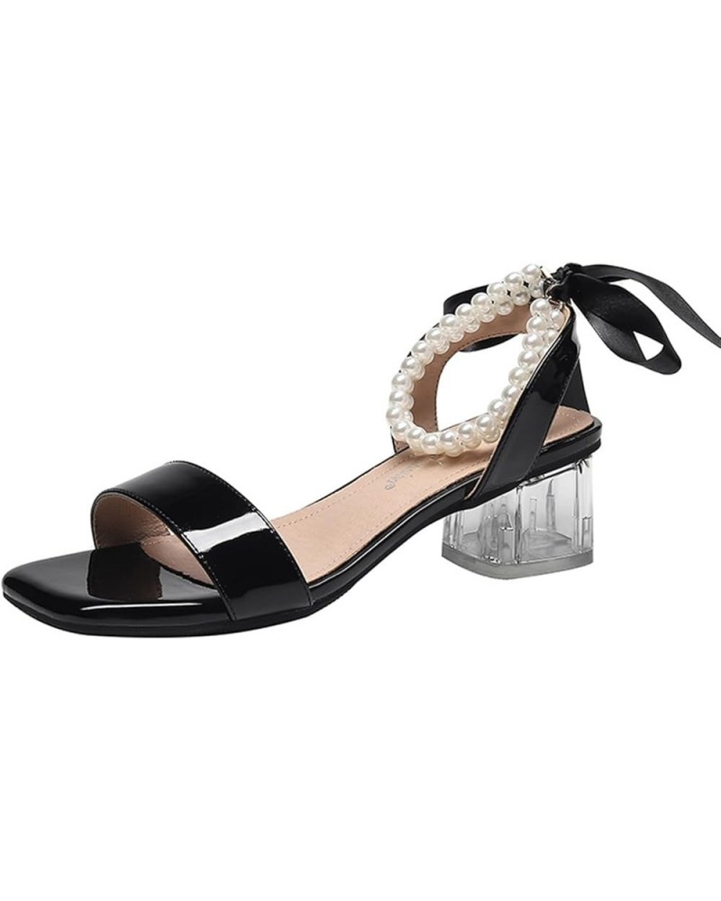 Women Pearl Strap Bridal Sandals Chunky High Heel Strap Sandals Stiletto Sandals High Heel Womens Sparkly Sandals Black $16.6...