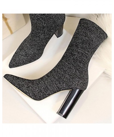 Woman Ankle Boot Arch Support Fashion Knitting Pointed Toe Comfort Anti Slip Block Heeled Work Combat Elastic Shoe Silver $31...